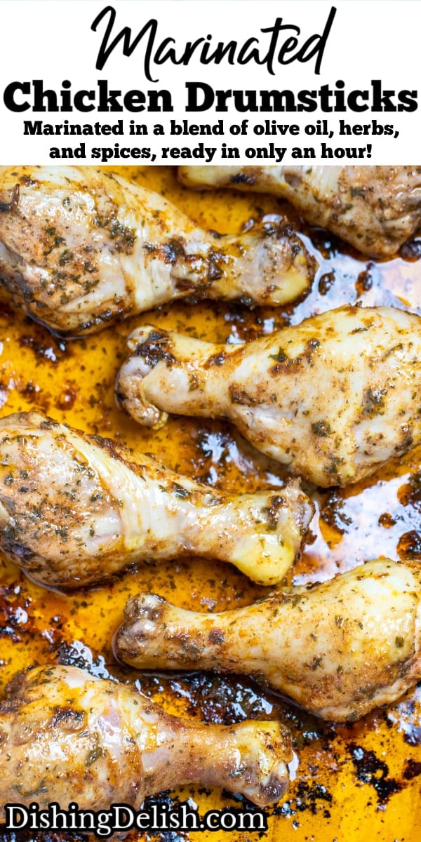 Pinterest pin with a baking dish with cooked chicken drumsticks covered in marinade.