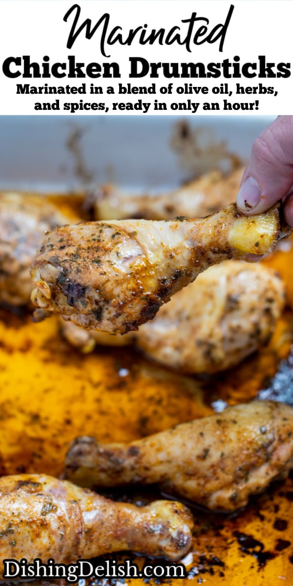 Pinterest pin with a baking dish with cooked chicken drumsticks covered in marinade.