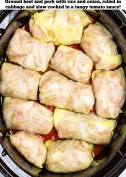 Pinterest pin with cabbage rolls layered on top of tomato sauce in a slow cooker.