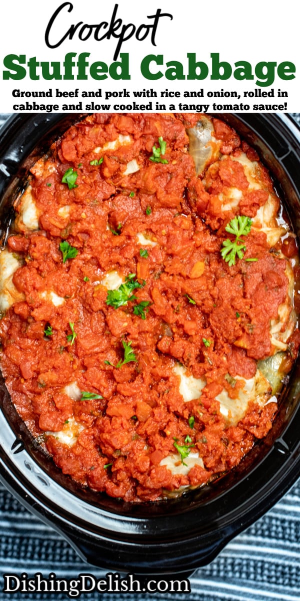 Pinterest pin with stuffed cabbage rolls in a slow cooker topped with tomato sauce and fresh parsley.