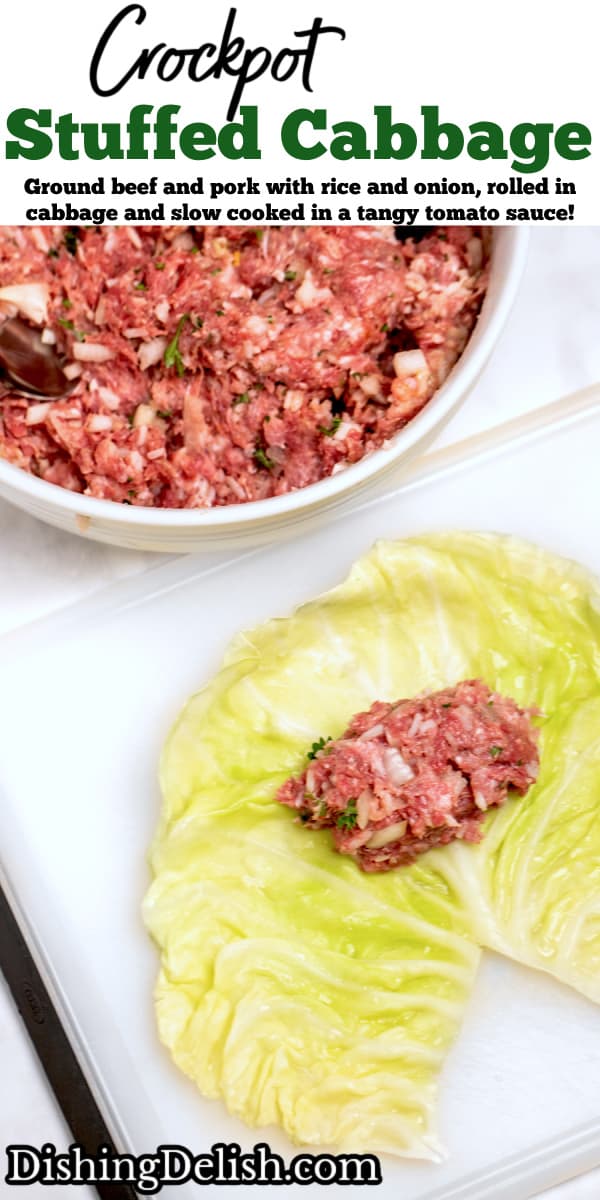 Pinterest pin with a bowl of meat mixture behind a cutting board with a cabbage leaf cut to lay flat, with meat on top ready to roll into a stuffed cabbage roll.