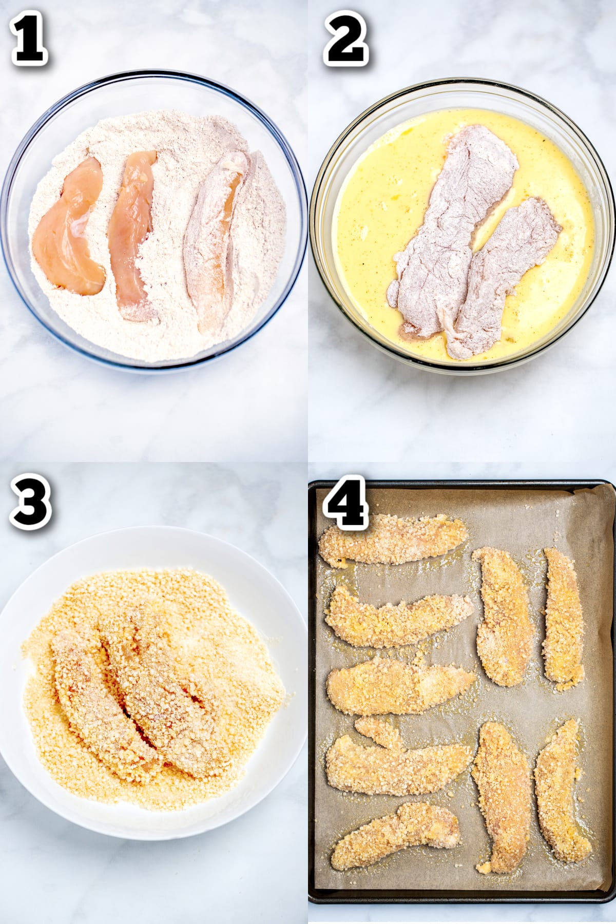 Step by step photos for how to make baked chicken tenders.