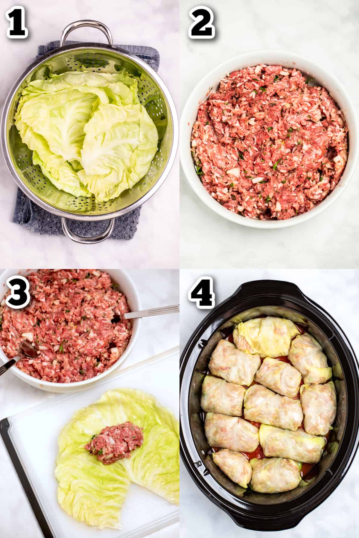 Step by step photos for how to make crockpot cabbage rolls.