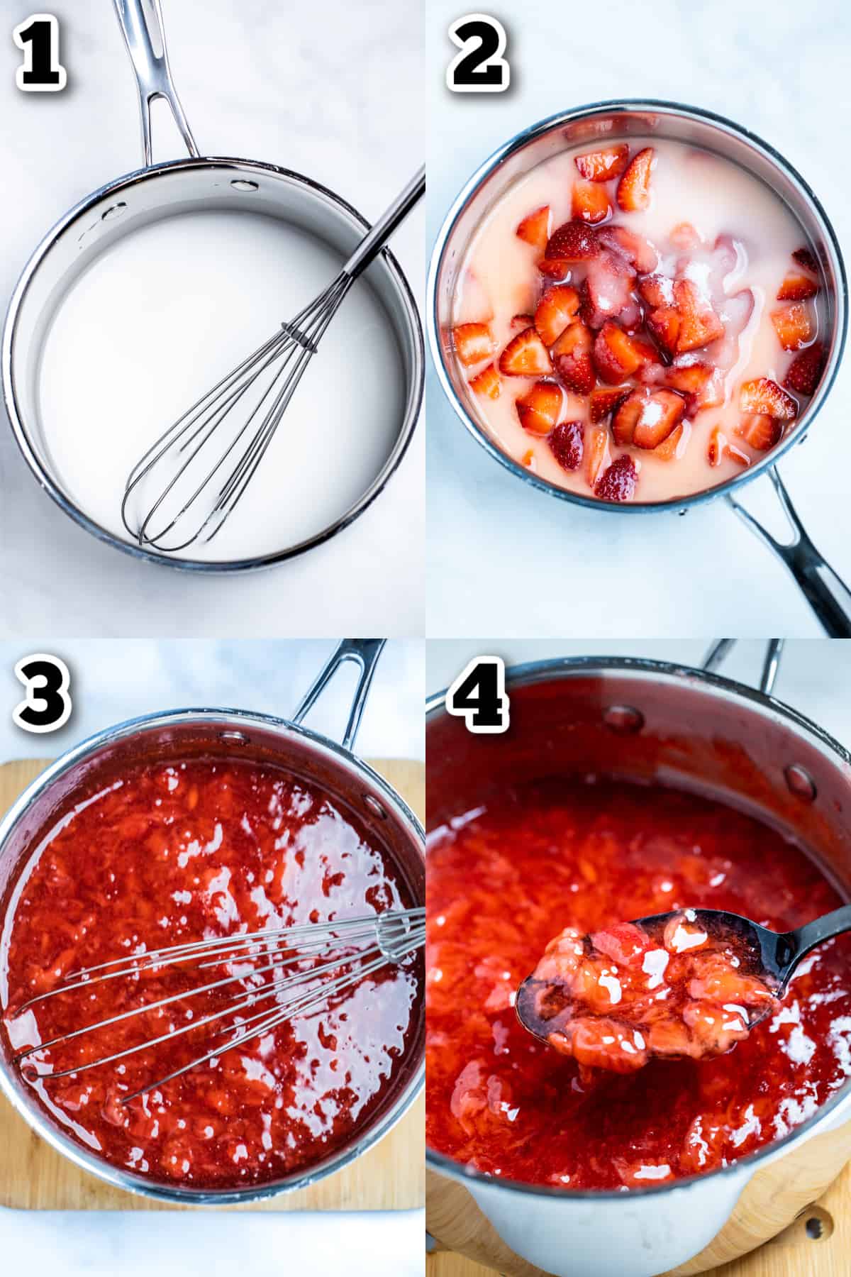 Step by step photos for how to make strawberry cake filling.