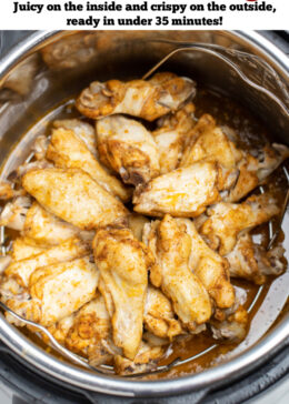 Pinterest pin with instant pot chicken wings fully cooked in an instant pot.