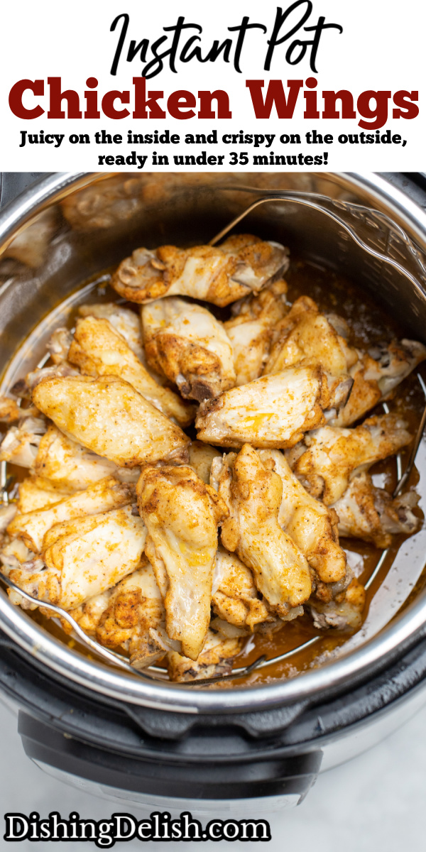 Pinterest pin with instant pot chicken wings fully cooked in an instant pot.