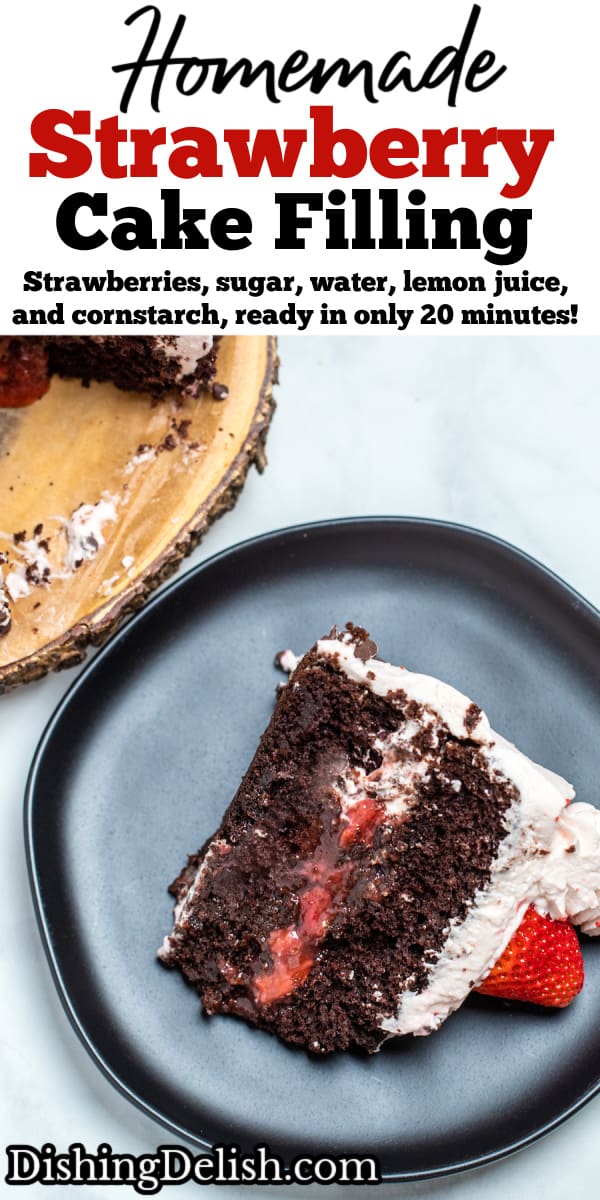 Pinterest pin with a piece of chocolate cake on a plate with strawberry filling between two layers.