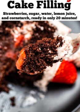 Pinterest pin with a fork full of chocolate cake with strawberry filling over a plate with a slice of cake.