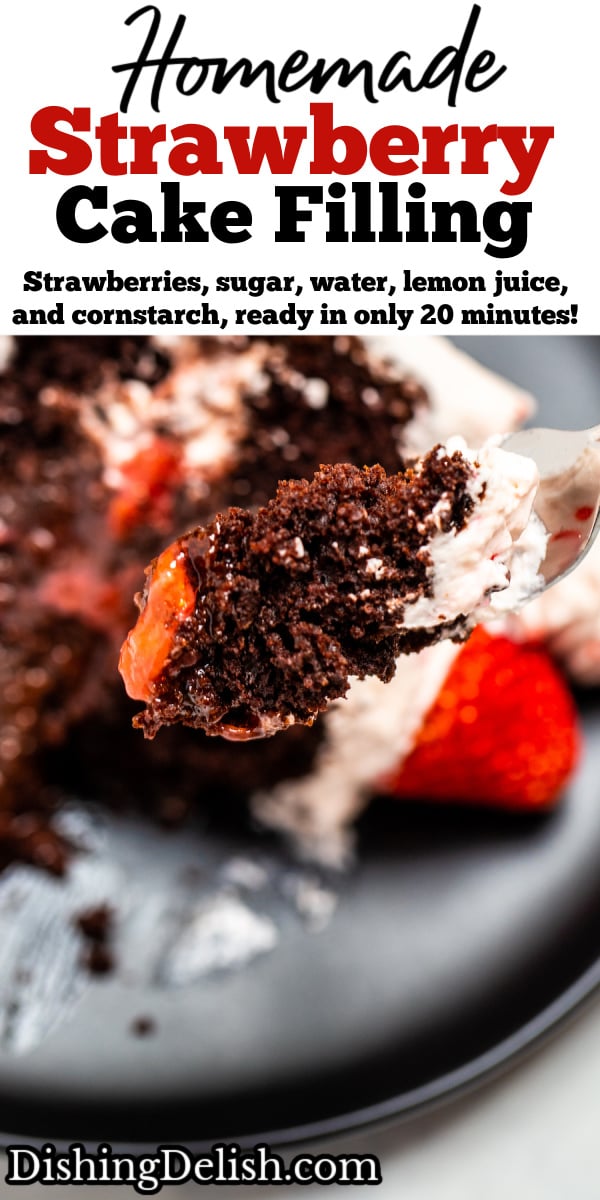 Pinterest pin with a fork full of chocolate cake with strawberry filling over a plate with a slice of cake.