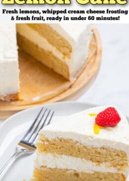 Pinterest pin with a lemon cake topped with lemon zest, sprinkles, and raspberries on a wooden cake stand, with a slice in front of the cake on a plate with a fork.