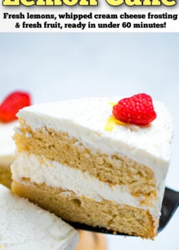 Pinterest pin with a slice of lemon cake being lifted up from the whole cake, topped with a raspberry, sprinkles, and a piece of lemon zest.