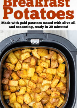 Pinterest pin with cooked breakfast potatoes in an air fryer.