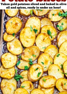 A pinterest pin with a sheet pan of baked potato slices topped with fresh parsley.