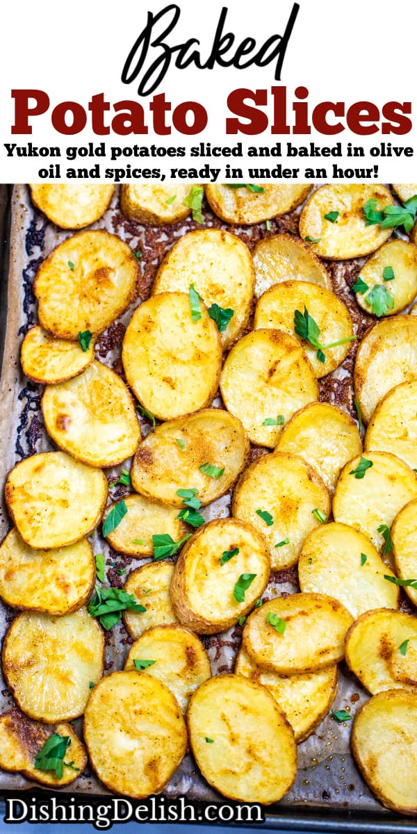 A pinterest pin with a sheet pan of baked potato slices topped with fresh parsley.