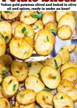 A pinterest pin with a sheet pan of baked potato slices topped with fresh parsley, with a spatula lifting some up.