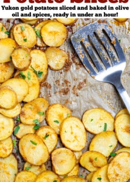 A pinterest pin with a sheet pan of baked potato slices topped with fresh parsley, and a spatula resting on the pan.