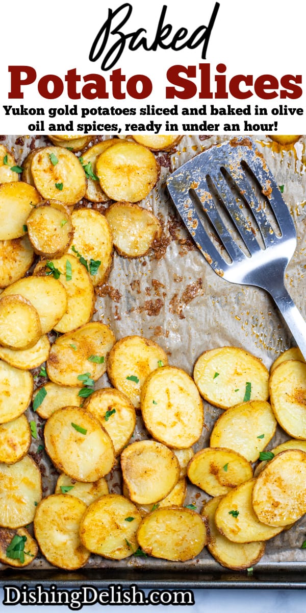 A pinterest pin with a sheet pan of baked potato slices topped with fresh parsley, and a spatula resting on the pan.