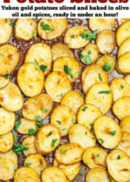 A pinterest pin with a sheet pan of baked potato slices topped with fresh parsley.