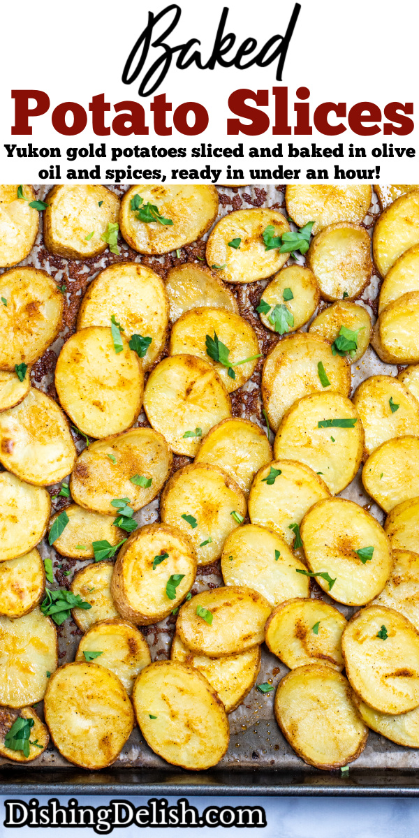 A pinterest pin with a sheet pan of baked potato slices topped with fresh parsley.