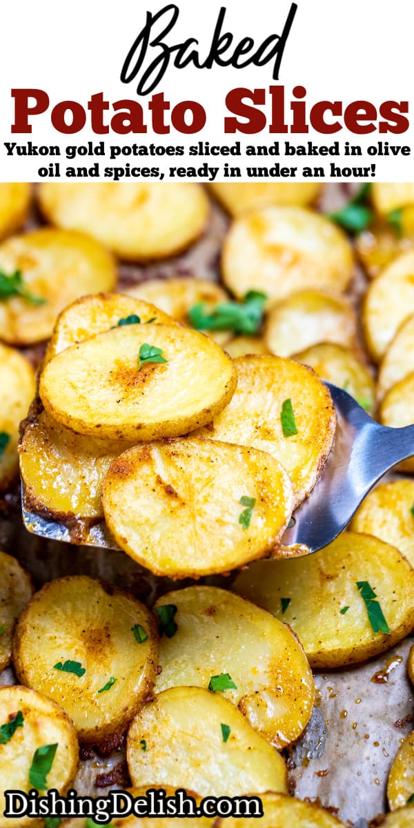A pinterest pin with a sheet pan of baked potato slices topped with fresh parsley, with a spatula lifting some up.