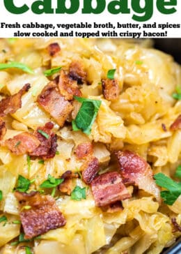 Pinterest pin with a bowl of crockpot cabbage topped with crispy bacon and parsley.