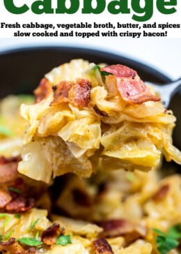 Pinterest pin with a spoon scooping from a bowl of crockpot cabbage topped with crispy bacon and parsley.