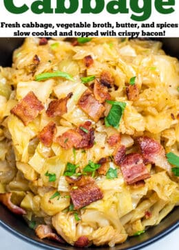 Pinterest pin with a bowl of crockpot cabbage topped with crispy bacon and parsley.