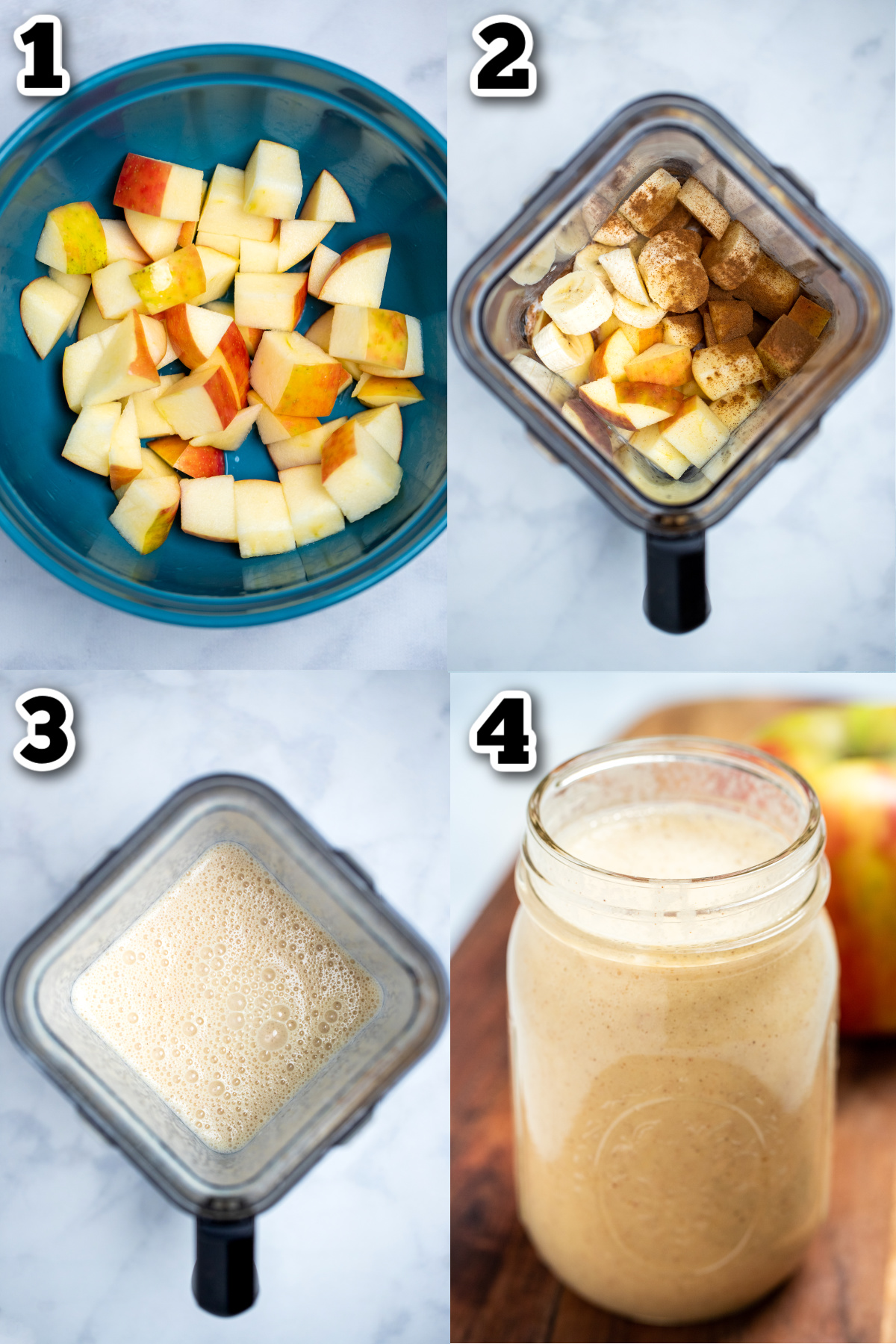 Step by step photos for how to make an apple banana smoothie.