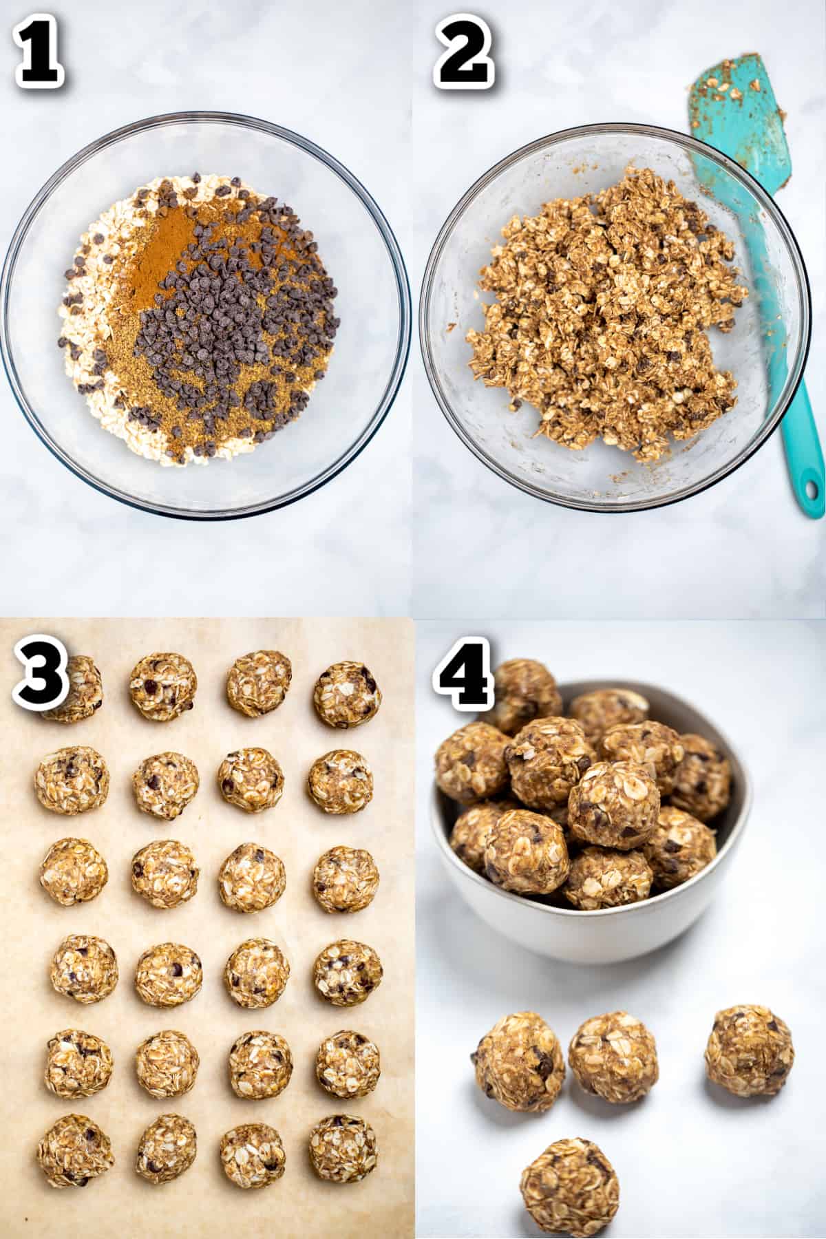 Step by step photos for how to make peanut butter oat balls.