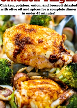 Pinterest pin with broccoli, onion, potatoes, and chicken thighs with a spatula lifting one up.