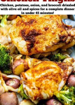 Pinterest pin with broccoli, onion, potatoes, and chicken thighs with a spatula lifting one up.
