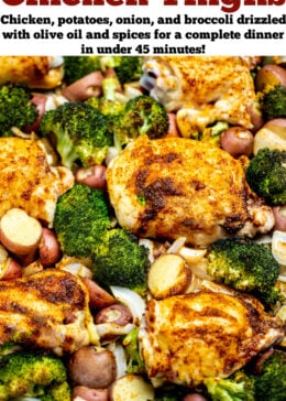 Pinterest pin with broccoli, onion, potatoes, and golden brown chicken thighs.