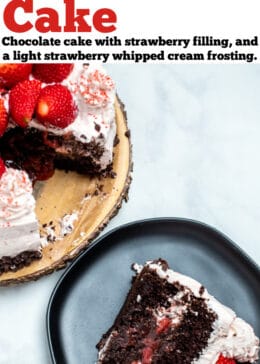 Pinterest pin with a piece of strawberry chocolate cake on a plate in front of the whole cake.