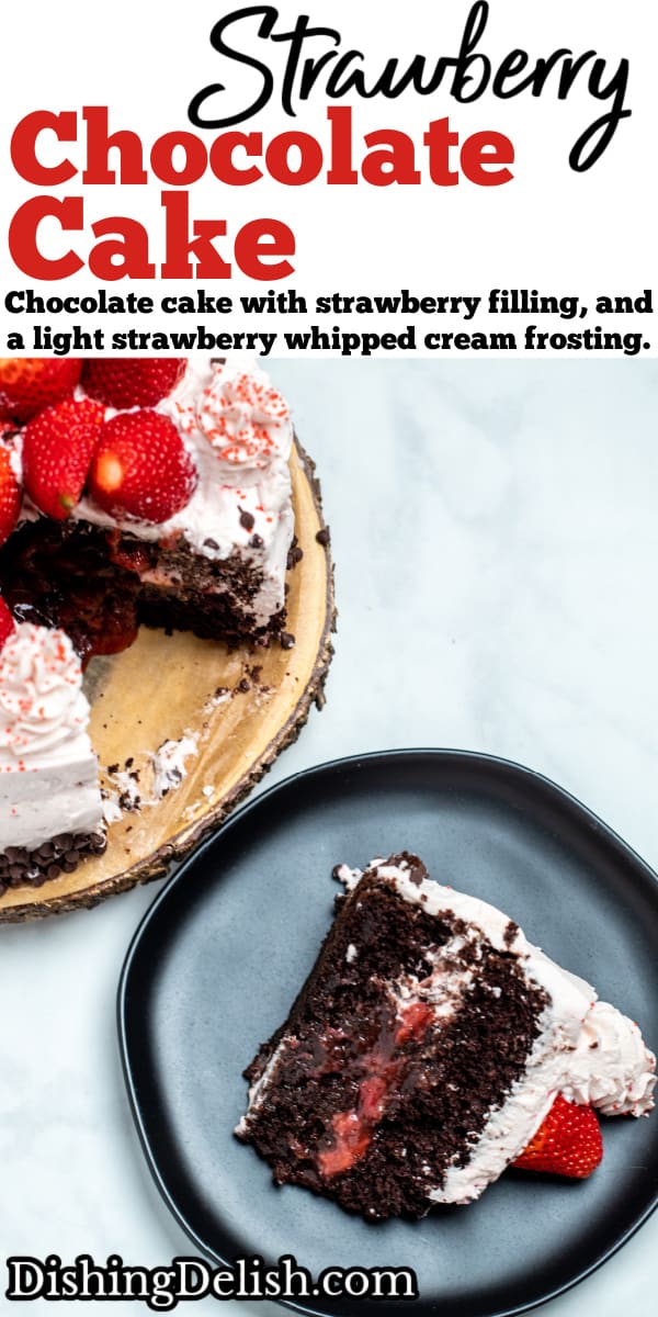 Pinterest pin with a piece of strawberry chocolate cake on a plate in front of the whole cake.