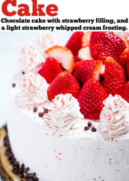 Pinterest pin with strawberry chocolate cake on a wooden cake stand, decorated with mini chocolate chips and frosting dolloped on top with fresh whole strawberries.