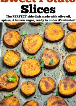 Pinterest pin for baked sweet potato slices with a sheet pan lined with parchment paper and fully cooked sweet potato slices caramelized and topped with fresh parsley.