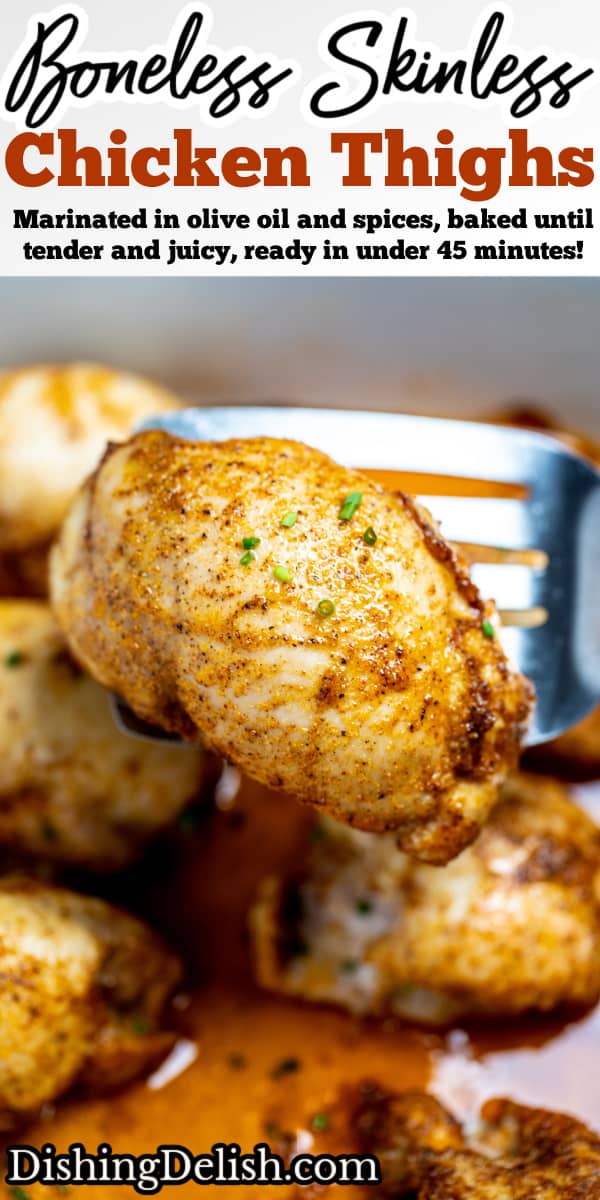 Pinterest pin with a baking dish of fully cooked chicken thighs sitting in chicken broth, with a spatula lifting one up, topped with seasoning and fresh chives.