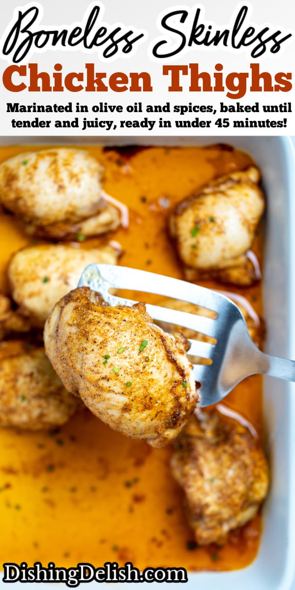 Pinterest pin with a baking dish of fully cooked chicken thighs sitting in chicken broth, with a spatula lifting one up, topped with seasoning and fresh chives.