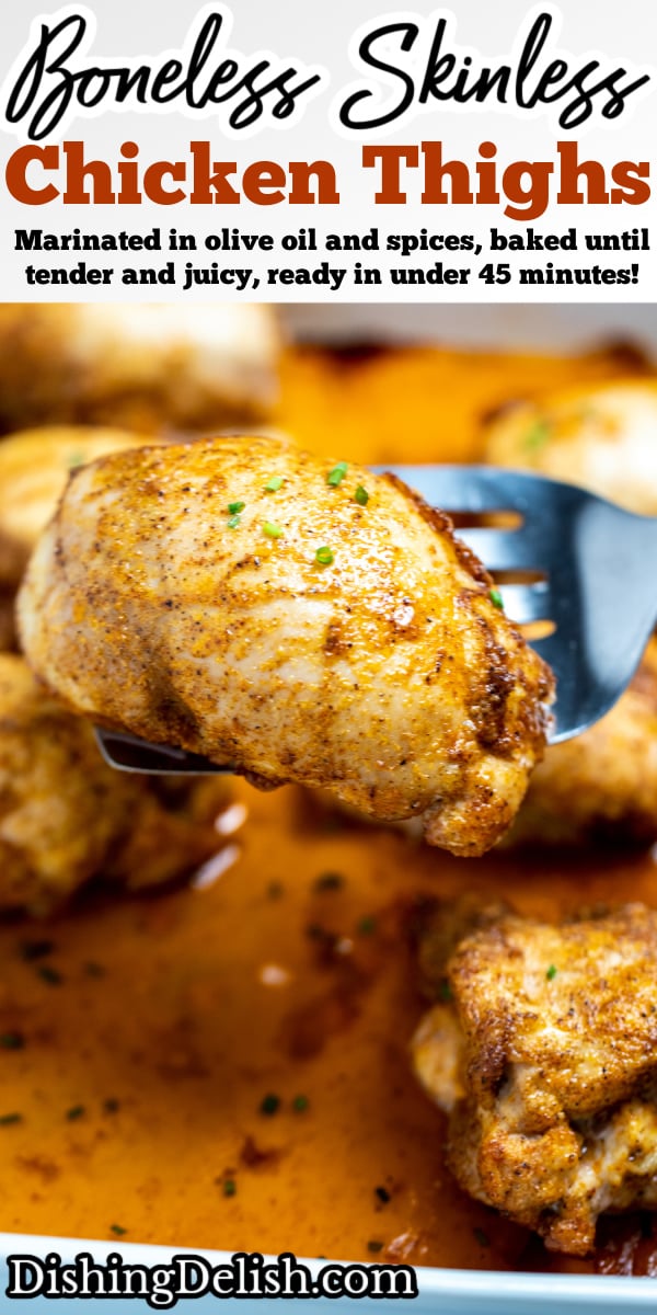 Pinterest pin with a baking dish of fully cooked chicken thighs sitting in chicken broth, with a spatula lifting one up, topped with seasoning and fresh chives.