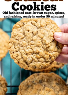 A pinterest pin with a hand holding a gluten free oatmeal cookie above a cooling rack of cookies.