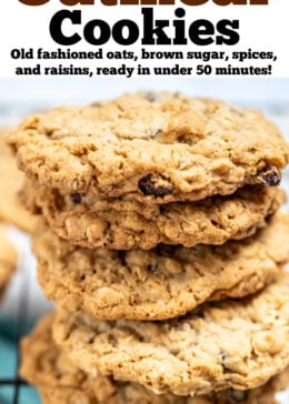 A pinterest pin with a stack of gluten free oatmeal cookies on a cooling rack.