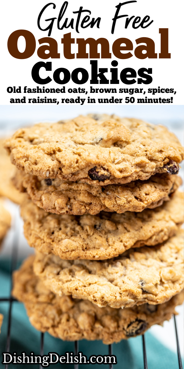 A pinterest pin with a stack of gluten free oatmeal cookies on a cooling rack.