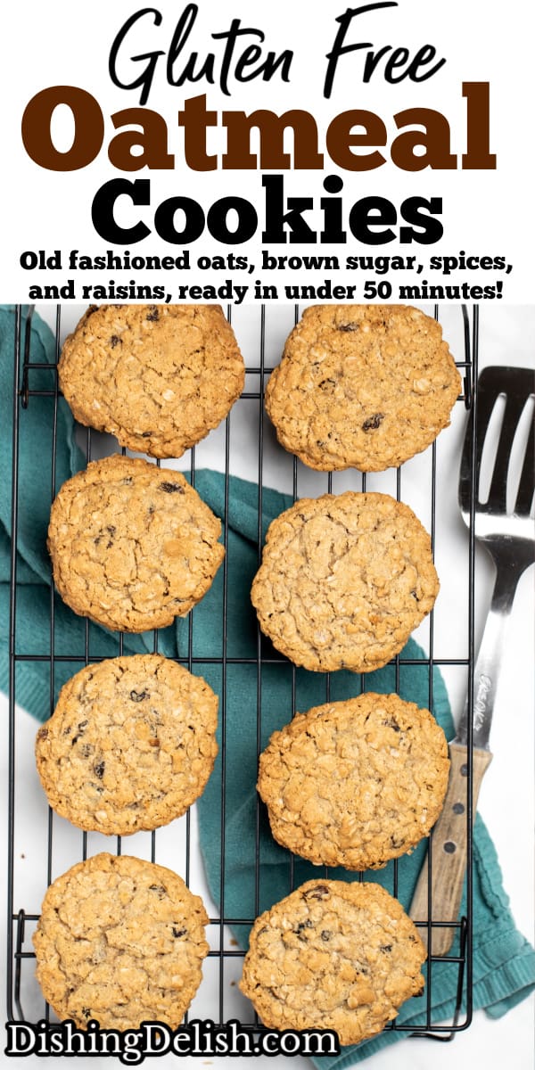 A pinterest pin with gluten free oatmeal cookies on a cooling rack above a towel next to a spatula.