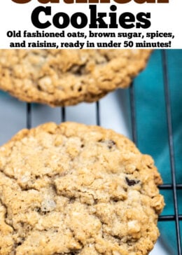 Pinterest pin with a gluten free oatmeal cookie on a cooling rack.