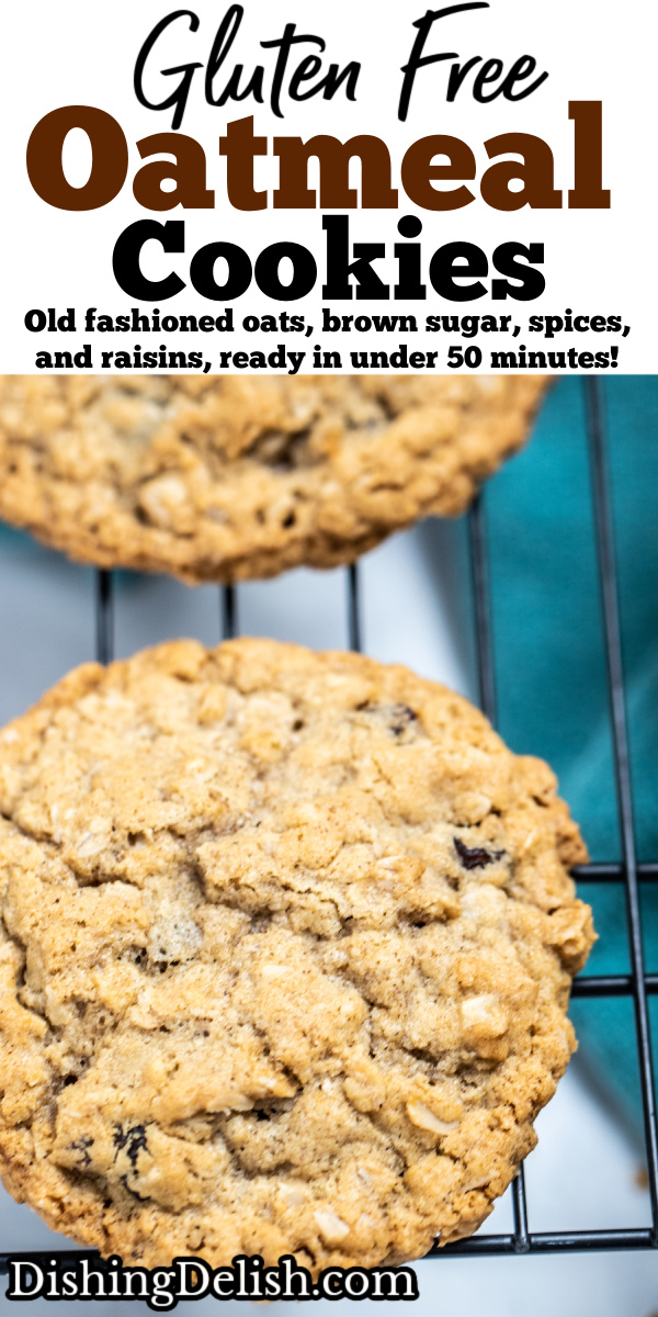 Pinterest pin with a gluten free oatmeal cookie on a cooling rack.