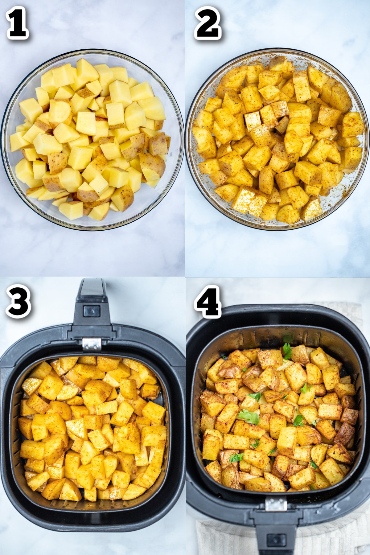 Step by step photos for how to make air fryer breakfast potatoes.