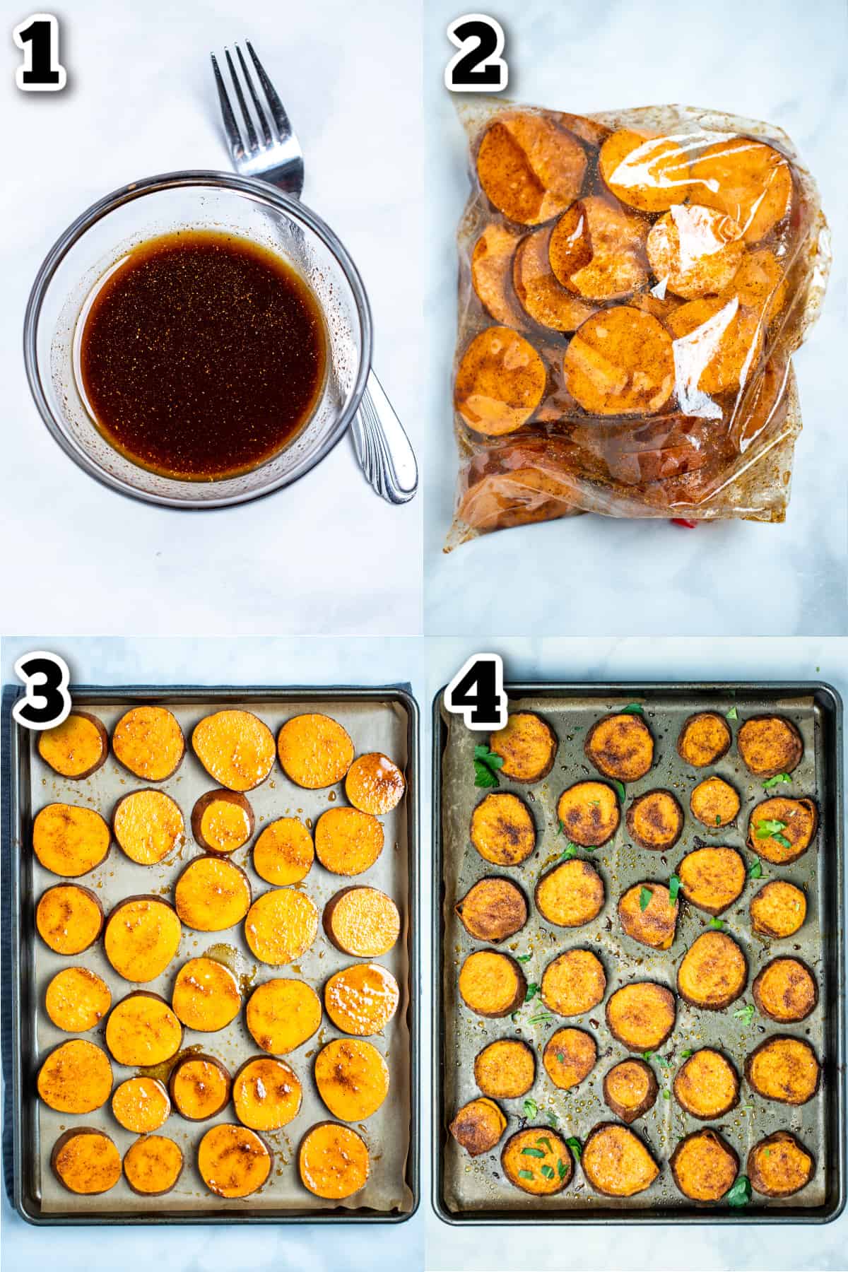Step by step photos for how to make roasted sweet potato slices.