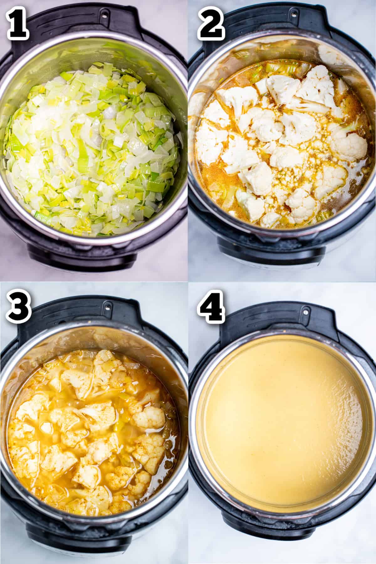 Step by step photos for how to make instant pot cauliflower soup.