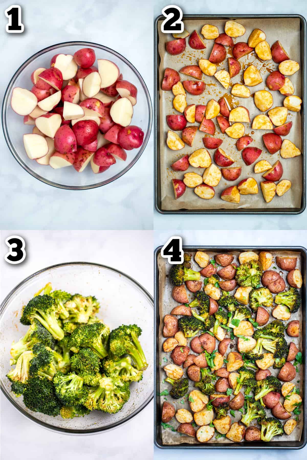 step by step photos for how to make roasted potatoes and broccoli.
