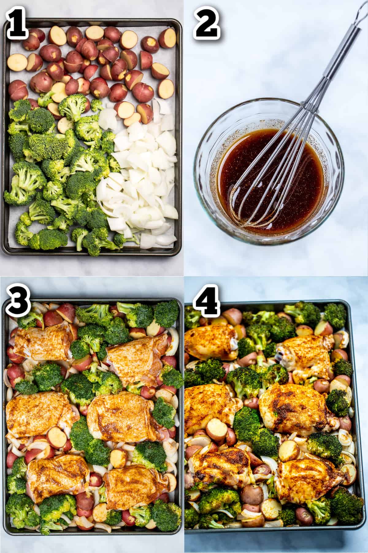 Step by step photos for how to make sheet pan chicken thighs.